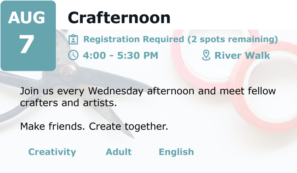 calendar description of crafternoon on wednesday afternoons