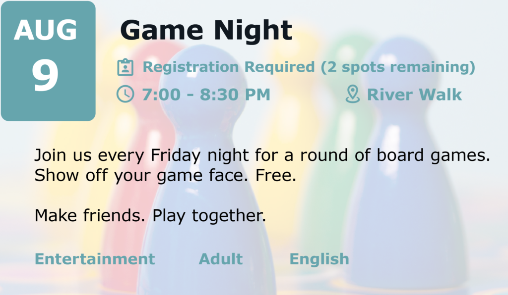 calendar description of game night on Fridays