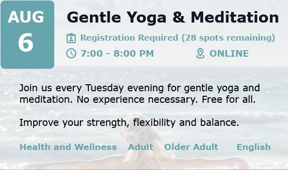 calendar description of gentle yoga and meditation on Tuesday nights